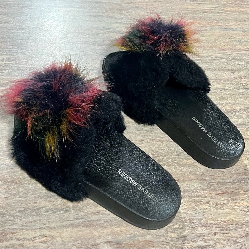 Steve Madden Plush Slides With Multicolored Pom - image 8